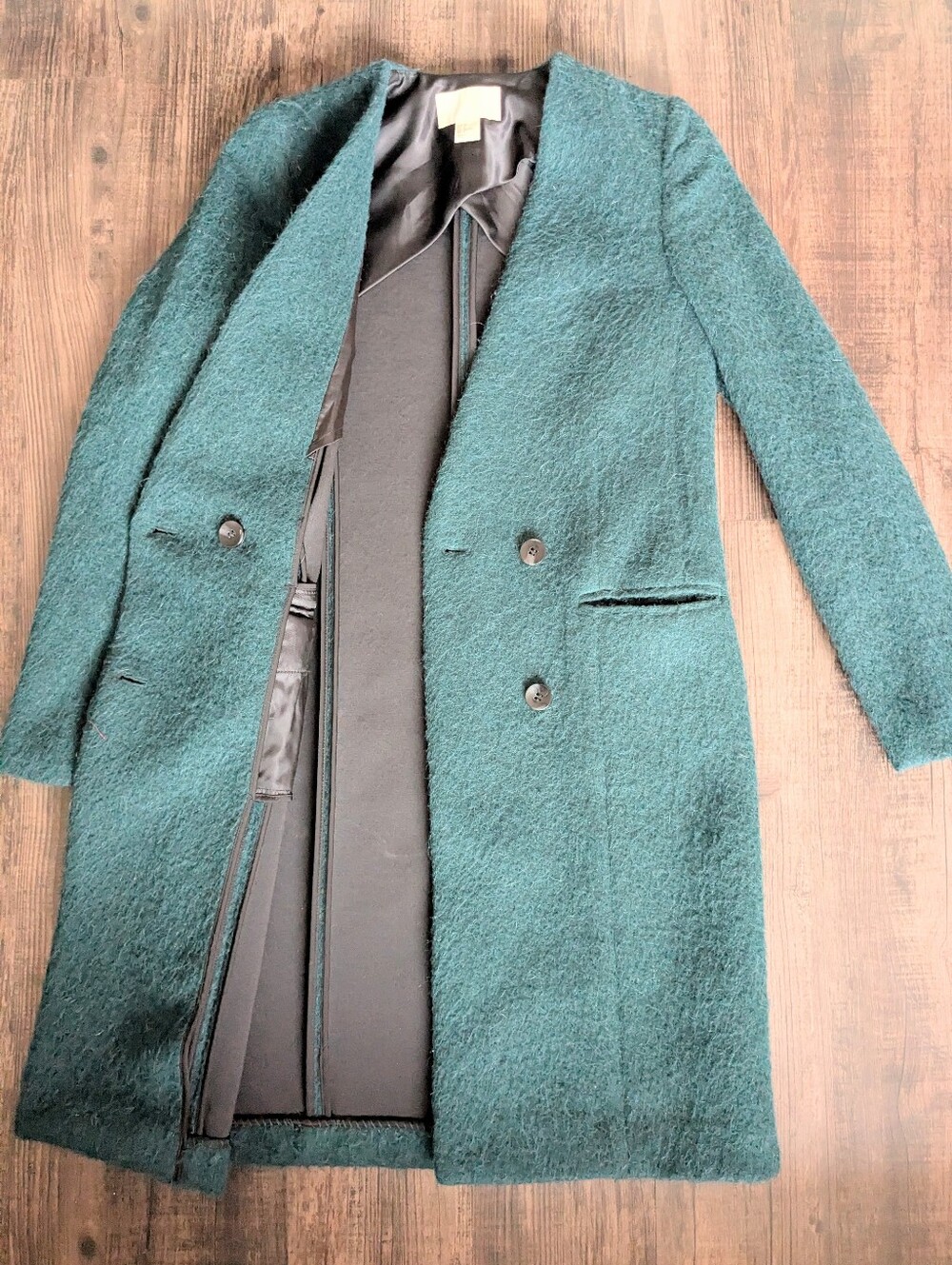 H&M Teal Alpaca Mohair Wool Blend Tailored Coat XS 2 Fuzzy Winter Jacket